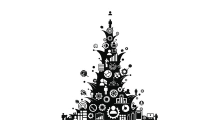 Abstract Christmas tree formed by business icons and people silhouettes, symbolizing growth and connection.