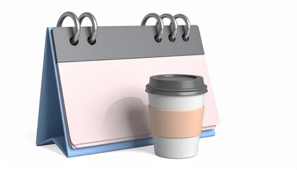 3d calendar icon with cup of coffee symbolize bussiness and time isolated on white background
