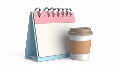 Open spiral notebook and pen on a blank office desk with a calendar for day planning