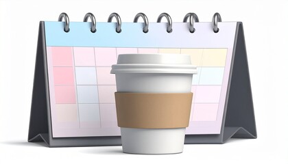 A brown cup of coffee and a paper notebook near a laptop on a business desk