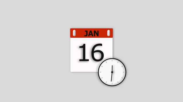 January's 16 date animation. Calendar and clock icon animation, on white background. Stunning 4k video.