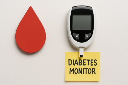 Flat lay of blood drop icon with glucose meter. serious medical concept about diabetes monitor. Health care test for sugar level with sticky note - Powered by Adobe