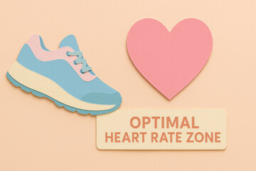 Paper cut running shoe and heart shape next to label for optimal heart rate zone. creative and motivational fitness design concept for health on pastel background