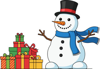 Cheerful snowman standing next to stack of colorful Christmas presents, spreading holiday cheer with a bright smile and festive attire.