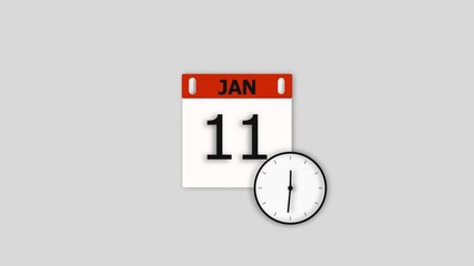 January's 11 date animation. Calendar and clock icon animation, on white background. Stunning 4k video.