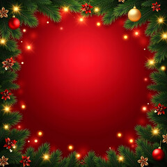 Vibrant Red Christmas Background with Fir Tree Border, Ornaments, and Sparkling Lights