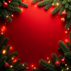 Minimalist Christmas Red Background with Fir Tree Branches, Garland Lights, and Red Ornaments