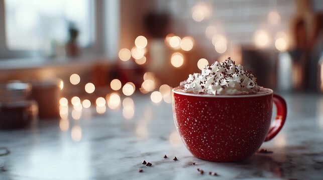 A red mug filled with whipped cream-topped hot cocoa, set against a warm backdrop with glowing bokeh lights. - Powered by Adobe