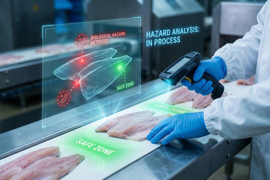 Quality control scanner detecting biological hazards in raw fish fillets on conveyor belt with digital 3D wireframe analysis for HACCP safety process