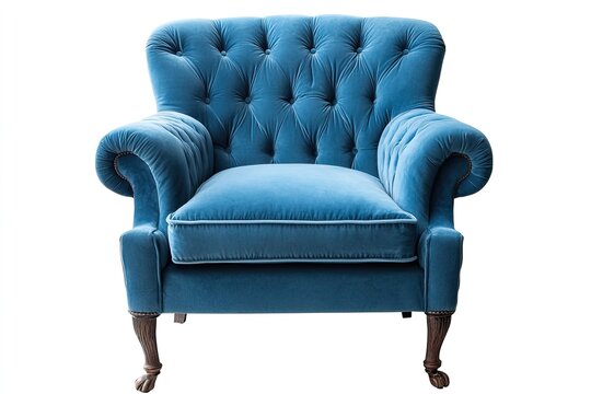 A vibrant blue armchair with a tufted backrest and rolled arms, set against a white wall.