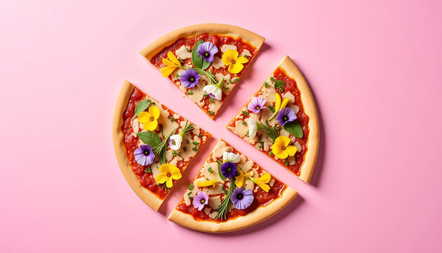 Creative Pizza with Colorful Edible Flowers on Pink Background