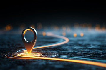 Glowing map pin with light trails represents destination. Location icon points travel route on abstract terrain. GPS navigator shows geographic position. Digital pointer marks spot and direction