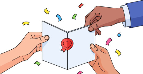 Diverse hands exchanging a greeting card sealed with a heart, amidst falling confetti, symbolizing love, celebration, and connection with a festive mood.
