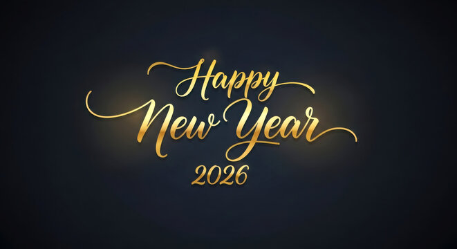 Happy new year 2026 gold script greeting card banner design elegant text