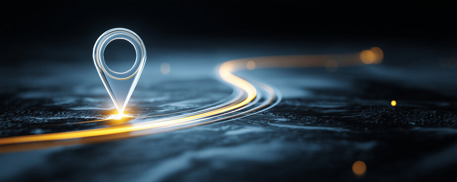Glowing map pin with light trails represents destination. Location icon points travel route on abstract terrain. GPS navigator shows geographic position. Digital pointer marks spot and direction