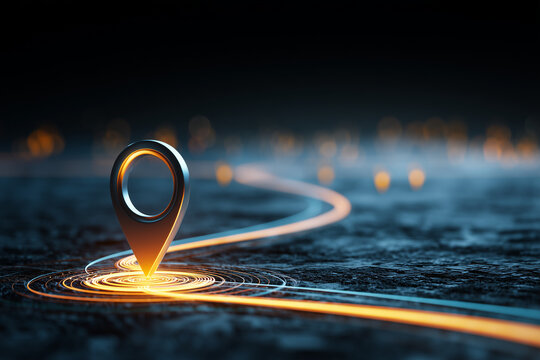 Glowing map pin with light trails represents destination. Location icon points travel route on abstract terrain. GPS navigator shows geographic position. Digital pointer marks spot and direction