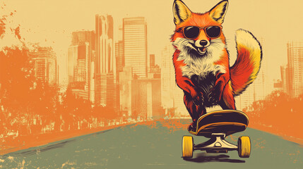 Stylish fox in sunglasses riding a skateboard in a grunge urban art style