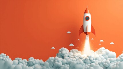 Bold red rocket ship launching with bright flames and puffy clouds on a vibrant orange background representing business startups, innovative ideas, and reaching for the stars