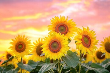 Obraz premium A vibrant field of sunflowers under a stunning sunset sky, with a variety of flowers and plants in the foreground and background, creating a serene and picturesque scene.