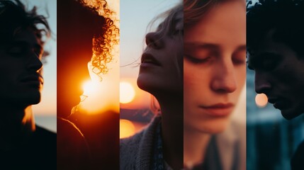 Artistic portraits capturing emotive silhouettes of diverse faces, set strikingly against a vivid, colorful sunset background.