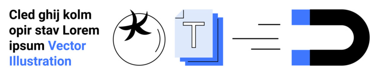 Digital communication, typography, branding, magnetic attraction, text design, and ideas. Circular symbol with text, stacked T documents magnet icon attraction. Digital communication and typography