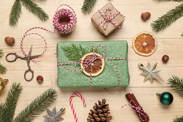 Christmas gifts on wooden background