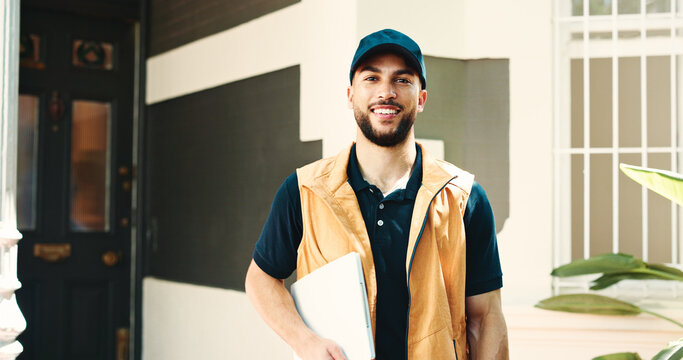 Portrait, delivery man or front door with clipboard at house for distribution, about us or logistics. Supply chain, courier and happy with invoice outdoor for shipping compliance or transport service