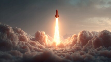 Bold rocket launch soaring through dramatic clouds, symbolizing ambition and new beginnings, a powerful visual for innovation and technology businesses reaching for the stars