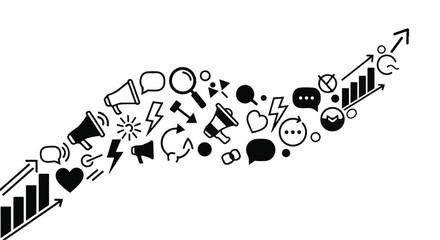 Abstract graphic representing growth and communication with icons like megaphones, hearts, and charts.