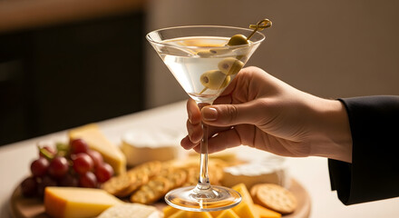 A hand holding a classic martini cocktail with green olives, served alongside a gourmet cheese and cracker platter.