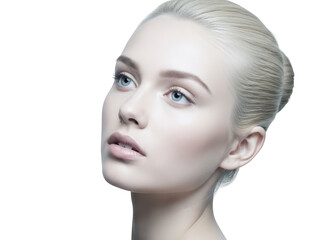 Portrait of a young woman with fair skin and blue eyes looking up thoughtfully