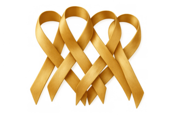 Gold ribbons representing childhood cancer awareness and support, a symbol for solidarity and hope on transparent background