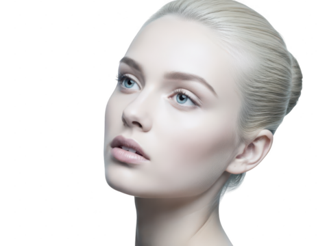 Portrait of a young woman with fair skin and blue eyes looking up thoughtfully