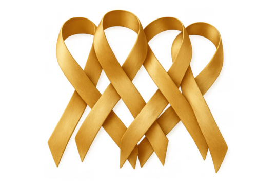 Gold ribbons representing childhood cancer awareness and support, a symbol for solidarity and hope on transparent background