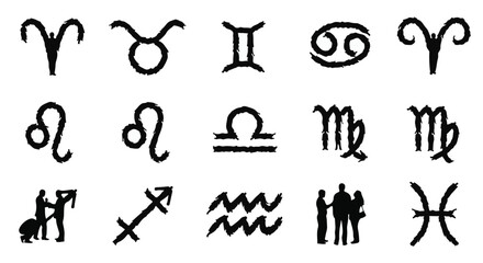 Diverse zodiac symbols and silhouettes representing people and constellations