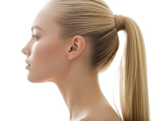 Young blonde woman's clean profile with smooth skin and a sleek ponytail