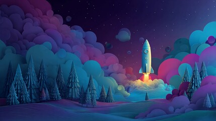Dreamy rocket launch amidst pastel clouds and winter trees under starry skies, perfect for children's book illustrations or whimsical branding projects, conveying adventure and imagination