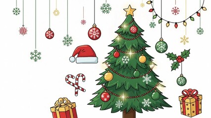 Festive Christmas Tree Illustration Decorated with Ornaments, Gifts, Holly, Candy Canes and Hanging Holiday Decorations