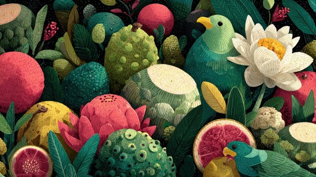 Vibrant tropical fruit garden and bird paradise colorful botanical illustration