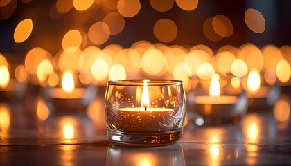 Close-up of lit candles in glass holders, blurred bokeh background, warm and inviting