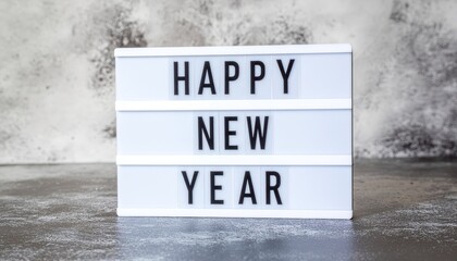 Modern cinematic lightbox with the words Happy New Year against a rustic concrete wall for holiday celebrations