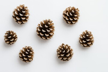 Delightful pinecones scattered on a snowy white background, perfect for rustic Christmas cards and winter holiday designs, evoking cozy seasonal cheer