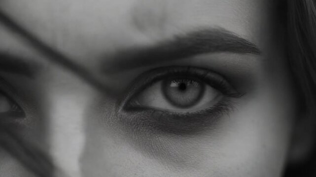Close up of a womans eye in dramatic black and white