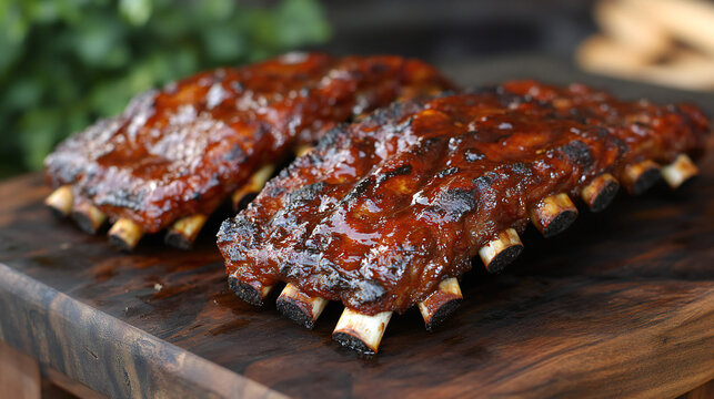 Succulent barbecue ribs tantalizingly glazed on a rustic wooden plank ready for summer feast
