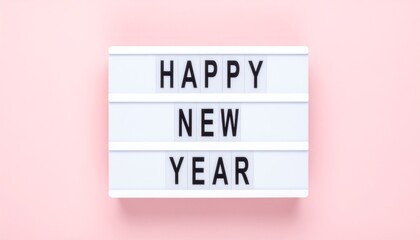 Bright 'Happy New Year' message displayed on a modern lightbox, symbolizing celebration, fresh beginnings, and festive cheer against a gentle pastel pink backdrop