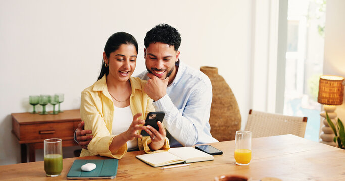 Happy, online and couple with phone in home for booking, holiday resort and travel website. Apartment, love and man with woman on smartphone for hotel reviews, planning vacation and research for trip