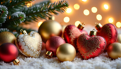 Festive Red and Gold Christmas Ornaments with Glittery Heart Decorations
