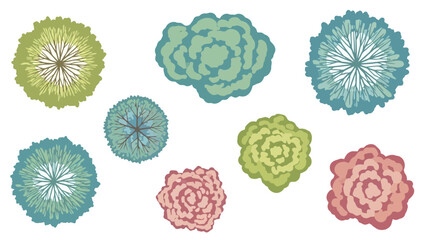Diverse collection of artistic overhead tree and bush illustrations in a vibrant palette, ideal for architectural renderings, map layouts, and graphic design projects