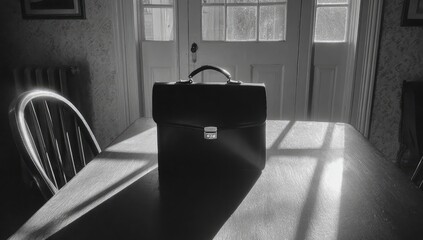 Briefcase sits on table with light streaming through doorway.