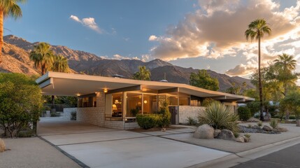 Obraz premium Mid-century modern American home with flat roof clean geometric lines large glass windows and open carport surrounded by